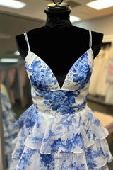 Straps Blue Floral Print High Slit Ruffled Evening Prom Dress