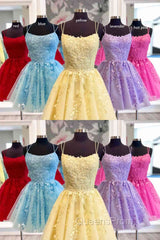 Straps Lace Applique Blue Homecoming Dress,Fuchsia Cocktail Dress