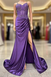 Straps Mermaid Long Evening Prom Dress With Lace Top And Skirt Slit