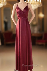 Straps Wine Red Satin Long Bridesmaid Dress