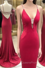 Stunning Elegant Mermaid Sexy Spaghetti Straps Beaded Red Evening Prom Dress,Charming Backless Evening Dress,Dance Dress