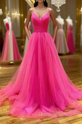 Stylish A Line V Neck Backless Hot Pink Long Evening Prom Dress, Backless Hot Pink Formal Graduation Evening Dress