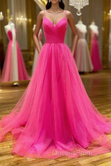 Stylish A Line V Neck Backless Hot Pink Long Evening Prom Dress, Backless Hot Pink Formal Graduation Evening Dress