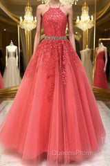 Stylish Backless Coral Lace Long Evening Prom Dress, Coral Lace Formal Graduation Evening Dress