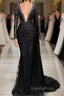 Stylish Black A-line Mermaid Evening Dress Deep V-Neck Beadings Long Sleeves Evening Prom Dress