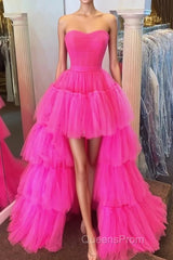 Stylish High Low Strapless Fuchsia Evening Prom Dress with Ruffles