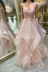 Stylish V Neck Backless Rose Gold Long Evening Prom Dress, Backless Rose Gold Formal Dress, Fluffy Rose Gold Evening Dress