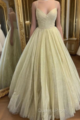 Stylish V Neck Open Back Yellow Evening Prom Dress, Shiny V Neck Yellow Formal Evening Dress, Sparkly Yellow Ball Gown