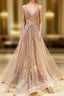 Sweep Train V Neck Lace Tulle Yarn Princess Evening Prom Dress With Glitter