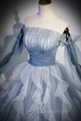 Sweet And Elegant Sky Blue Beaded Sequins Off The Shoulder Long Sleeved Ball Dress Sky Blue A-Line/Princess Strapless Backless Strap And Ground Length Evening Prom Dress