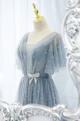 Sweet And Elegant Sky Blue Beaded Short Sleeved Sheer Ball Dress With Sky Blue A-Shaped Backless Strap And Ground Length Evening Prom Dress