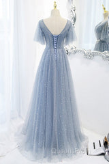 Sweet And Elegant Sky Blue Beaded Short Sleeved Sheer Ball Dress With Sky Blue A-Shaped Backless Strap And Ground Length Evening Prom Dress