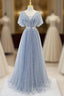 Sweet And Elegant Sky Blue Beaded Short Sleeved Sheer Ball Dress With Sky Blue A-Shaped Backless Strap And Ground Length Evening Prom Dress