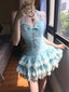 Sweet Halter Neck Blue Plaid Lace Trim Mini Homecoming Dress