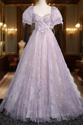 Sweet Lilac A-Line Sweetheart Tulle Beaded Long Evening Prom Dress Puffy Sleeves Graduation Dress