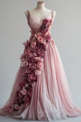 Sweet Pink A-Line Sweetheart Neck Tulle Long Evening Prom Dress 3D Applique Wedding Dress