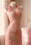 Sweet Pink Mermaid Halter Neck Beaded Chiffon Classy Prom Dress
