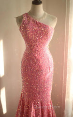 Sweet Pink Mermaid One Shoulder Sequined Pleated Long Evening Prom Dress Backless Evening Dress