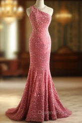 Sweet Pink Mermaid One Shoulder Sequined Pleated Long Evening Prom Dress Backless Evening Dress