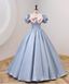 Sweet Princess Light Blue Square Neck Bow Puff Sleeve Satin Ball Gown Prom Dress Sweet 16 Dress