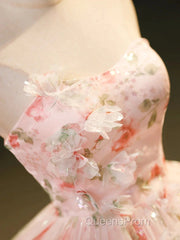 Sweet Strapless Tulle Flower Pink Print Evening Prom Dress