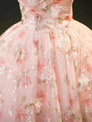Sweet Strapless Tulle Flower Pink Print Evening Prom Dress