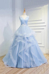 Sweetheart Blue Organza Ballgown V Neck Ruffles Appliques Evening Prom Dress