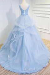 Sweetheart Blue Organza Ballgown V Neck Ruffles Appliques Evening Prom Dress Beautiful