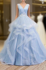 Sweetheart Blue Organza Ballgown V Neck Ruffles Appliques Evening Prom Dress Beautiful