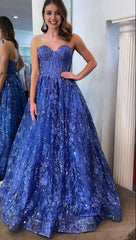 Sweetheart Blue Sequin Lace Corest Long Dresses