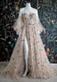 Sweetheart Champagne Tulle Bubble Sleeves Long A Line Classy Prom Dress Beaded Classy Evening Dress