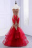 Sweetheart Mermaid Red Classy Prom Dress Gold Appliqued Long Prom Dress