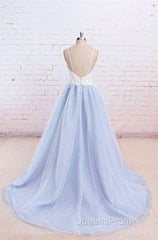 Sweetheart Neck Backless Blue And White Sweep Train Lace Evening Prom Dress, Formal Dress