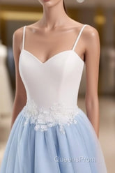 Sweetheart Neck Backless Blue And White Sweep Train Lace Evening Prom Dress, Formal Dress