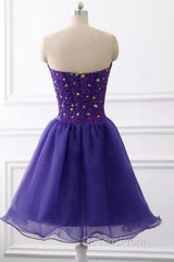 Sweetheart Neck Beaded Dark Purple Short Evening Prom Dress, Strapless Dark Purple Homecoming Dress, Dark Purple Beaded Formal Evening Dress