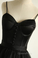 Sweetheart Neck Black Tulle Long Evening Prom Dress, Thin Straps Black Formal Evening Dress, Black Ball Gown