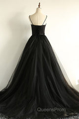 Sweetheart Neck Black Tulle Long Evening Prom Dress, Thin Straps Black Formal Evening Dress, Black Ball Gown