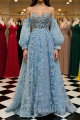 Sweetheart Neck Blue Lace Appliques Long Evening Prom Dress with Long Sleeves, Blue Lace Floral Formal Graduation Evening Dress