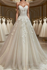 Sweetheart Neck Champagne Tulle Lace Long Evening Prom Dress, Strapless Champagne Formal Dress, Champagne Lace Evening Dress