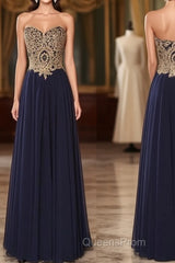 Sweetheart Neck Lace Dark Blue Long Evening Prom Dress, Evening Dress