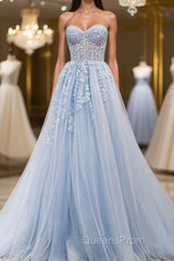 Sweetheart Neck Light Blue Lace Tulle Long Evening Prom Dress, Light Blue Lace Formal Graduation Evening Dress