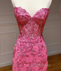 Sweetheart Neck Pink Mermaid Lace Evening Prom Dress, Pink Mermaid Lace Formal Graduation Dress