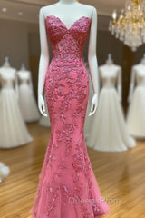 Sweetheart Neck Pink Mermaid Lace Evening Prom Dress, Pink Mermaid Lace Formal Graduation Dress