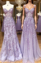 Sweetheart Neck Purple Lace Long Evening Prom Dress, Strapless Purple Formal Dress, Mermaid Purple Evening Dress