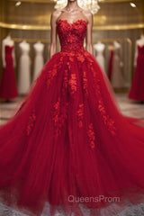 Sweetheart Neck Red Lace Floral Long Evening Prom Dress, Red Lace Formal Evening Dress, Red Ball Gown