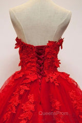 Sweetheart Neck Red Lace Floral Long Evening Prom Dress, Red Lace Formal Evening Dress, Red Ball Gown