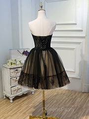 Sweetheart Neck Short Black Lace Evening Prom Dress, Short Black Lace Graduation Homecoming Dress