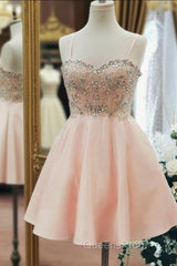 Sweetheart Neck Short Pink Evening Prom Dress, Short Pink Beaded Homecoming Graduation Dress