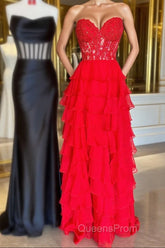 Sweetheart Red Corset Chiffon Ruffle Long Evening Prom Dress