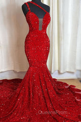 Sweetheart Sleeveless Sequins Red Mermaid Evening Prom Dress